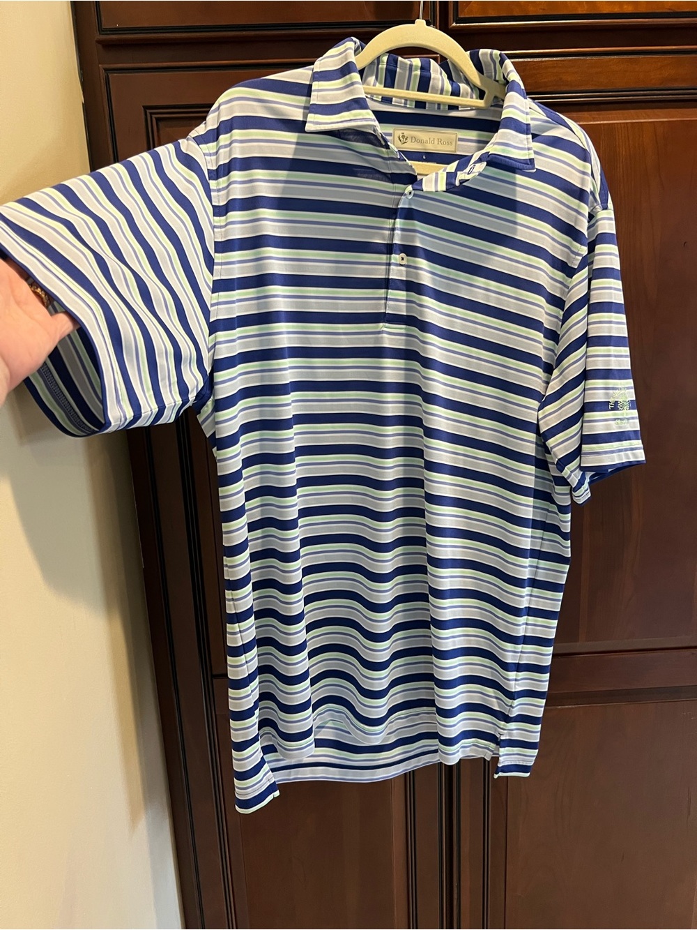 Donald Ross Blue Green Striped Short Sleeve Polo Shirt - L